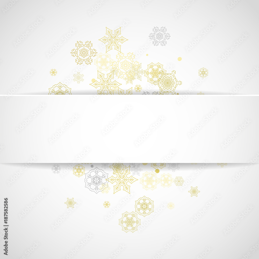 Glitter snowflakes frame on white square background. Paper Christmas and New Year frame for gift certificate, ads, banners, flyers. Falling snow with golden glitter snowflakes for party invite Glitter snowflakes frame on white square background. Paper Christmas and New Year frame for gift certificate, ads, banners, flyers. Falling snow with golden glitter snowflakes for party invite