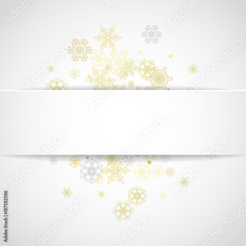 Glitter snowflakes frame on white square background. Paper Christmas and New Year frame for gift certificate, ads, banners, flyers. Falling snow with golden glitter snowflakes for party invite