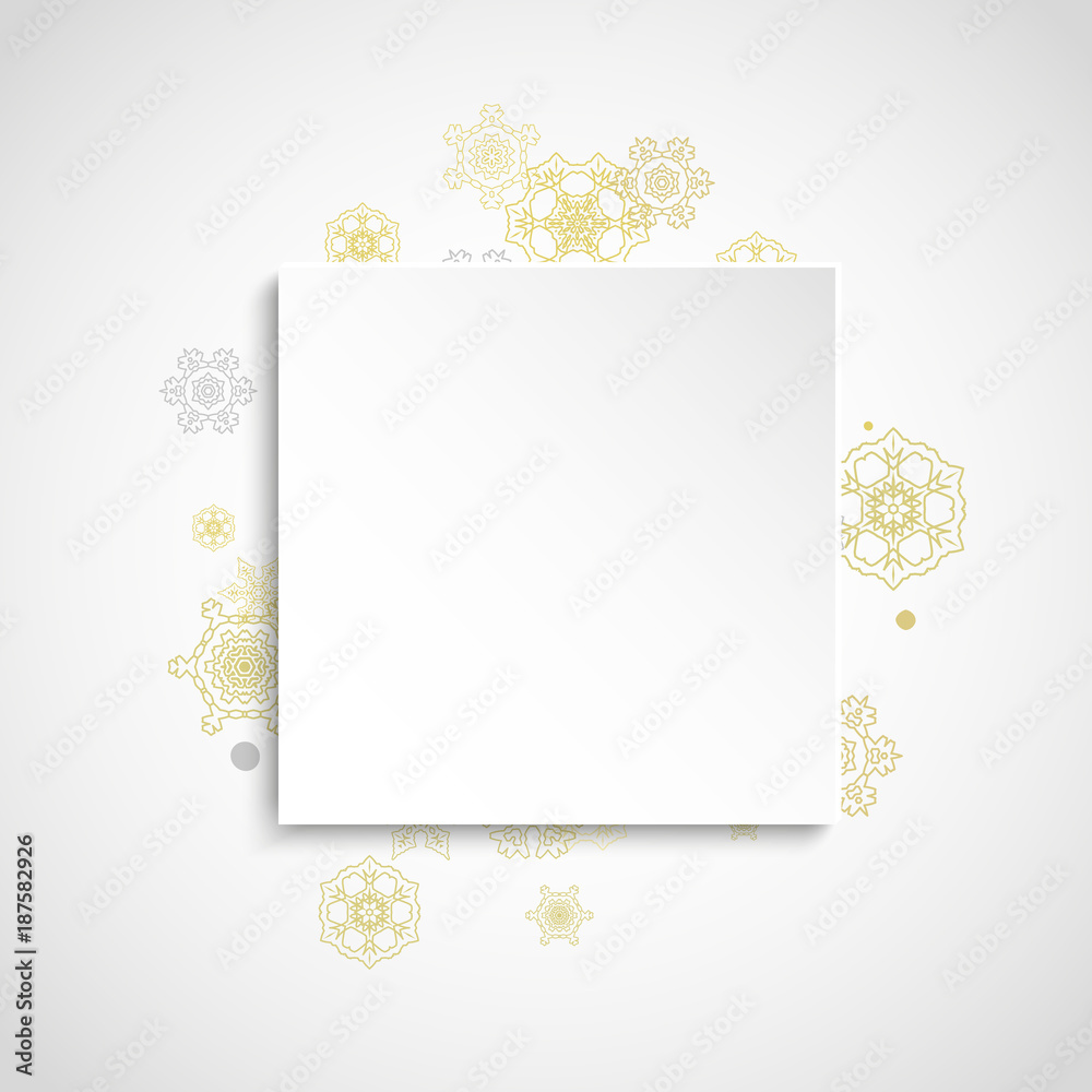 Glitter snowflakes frame on white square background. Paper Christmas and New Year frame for gift certificate, ads, banners, flyers. Falling snow with golden glitter snowflakes for party invite Glitter snowflakes frame on white square background. Paper Christmas and New Year frame for gift certificate, ads, banners, flyers. Falling snow with golden glitter snowflakes for party invite