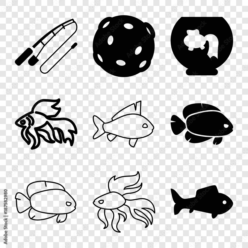 Set of 9 fish filled and outline icons