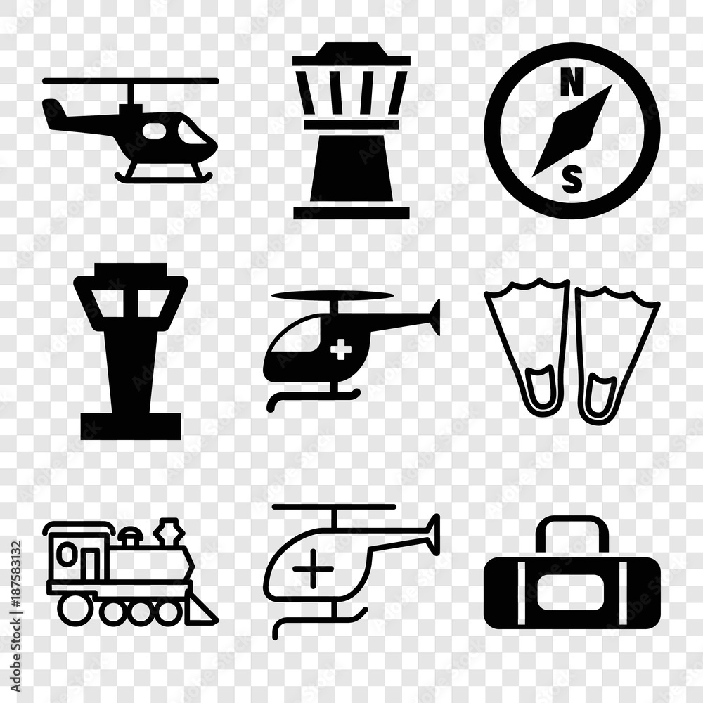 Set of 9 trip filled and outline icons Set of 9 trip filled and outline icons