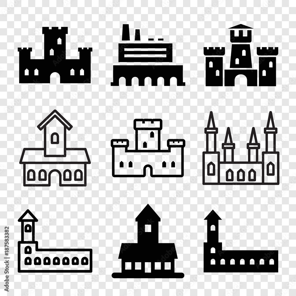 Set of 9 chateau filled and outline icons