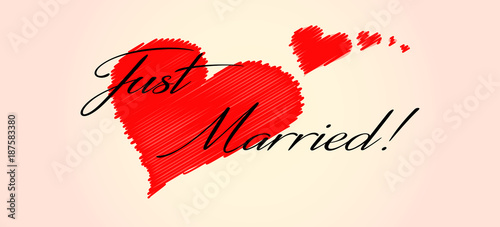 Just married! with red hearts flying