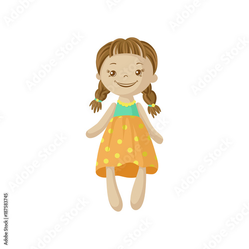 Cute smiing soft doll with braids, sewing toy cartoon vector Illustration