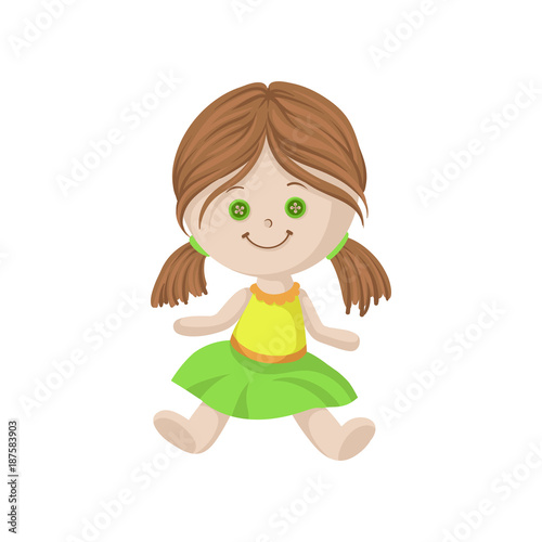 Cute soft doll with brown hair and button eyes sitting on the floor, sewing toy cartoon vector Illustration