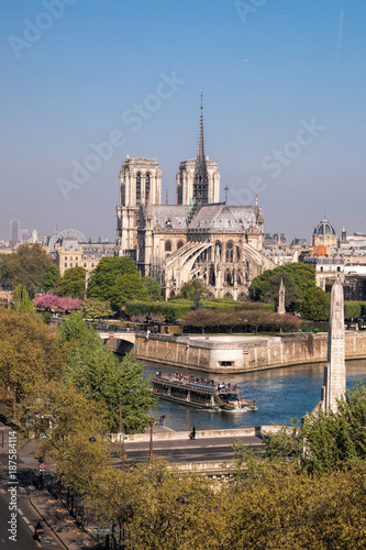 Paris, Notre Dame cathedral with boat on Seine, France
