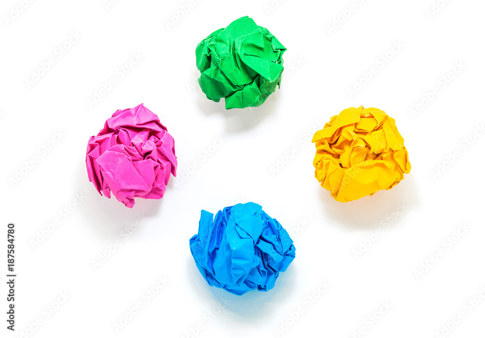 Four colorful Crumpled paper ball isolated on white background with clipping path Four colorful Crumpled paper ball isolated on white background with clipping path