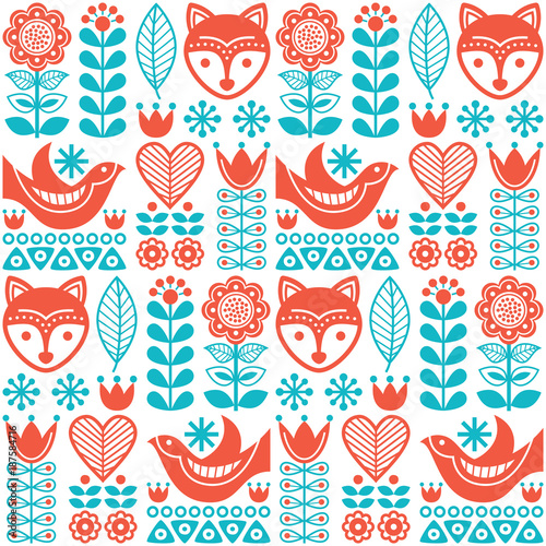 Scandinavian seamless vector folk pattern with flowers and animals inspired by Finnish art 