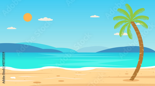 Tropical Beach Travel Holiday Vacation Leisure Nature Concept vector illustration.Beautiful seascape and sky background.Travel concept.