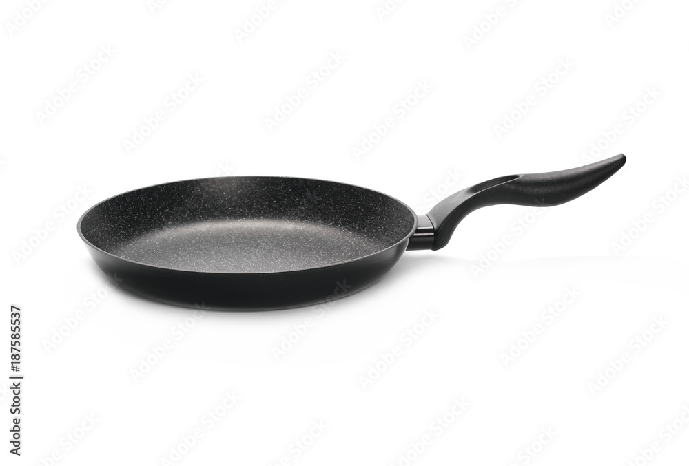 Black frying pan with handle on white background Black frying pan with handle on white background