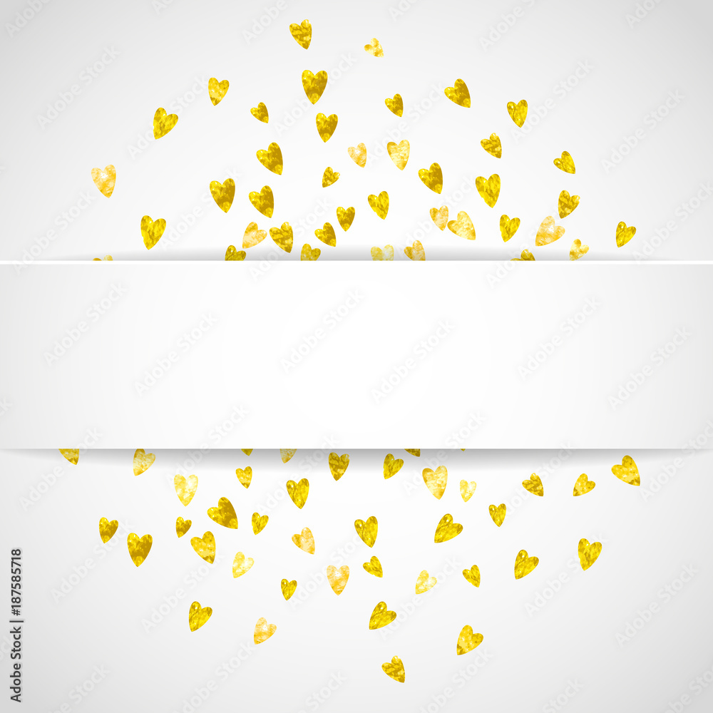 Valentine paper badge with gold glitter hearts. February 14th day. Vector confetti for valentine paper badge. White banner with hand drawn texture. Love theme for poster, gift certificate, banner