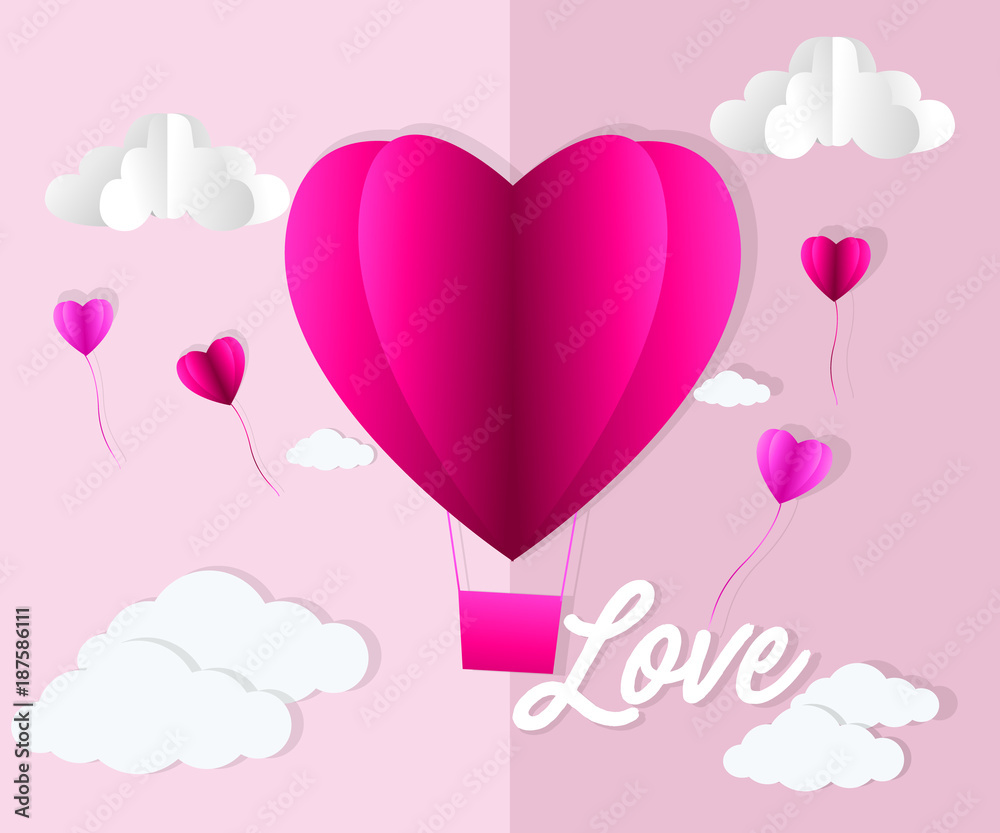 Valentines day , Illustration of love , Hot air balloon in a heart shape flying on sky , paper art