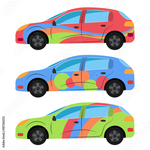 A set of three cars painted in different colors. Vector illustration  