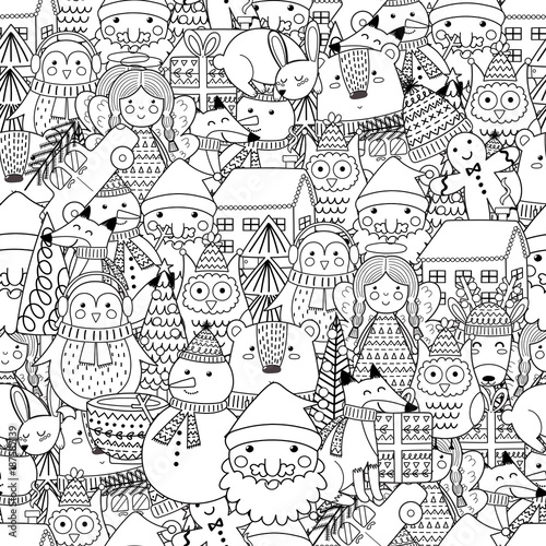 Merry Christmas seamless pattern for coloring book. Black and white background. Vector illustration