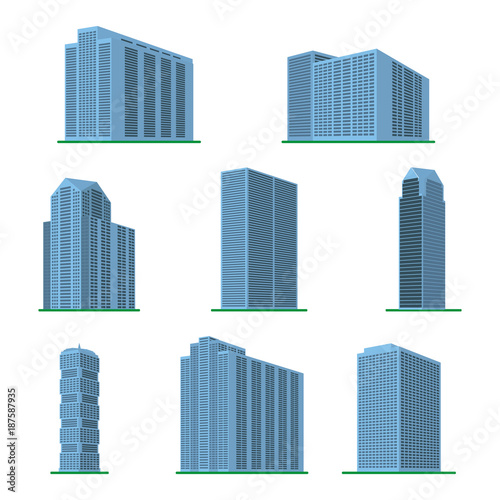Set of eight  modern high-rise building on a white background. View of the building from the bottom. Isometric vector illustration.  