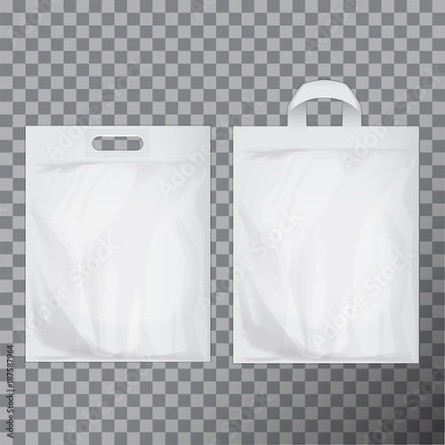 Set of empty white blank plastic bag mock up isolated. Consumer pack ready for logo design or identity presentation. Commercial product food packet handle