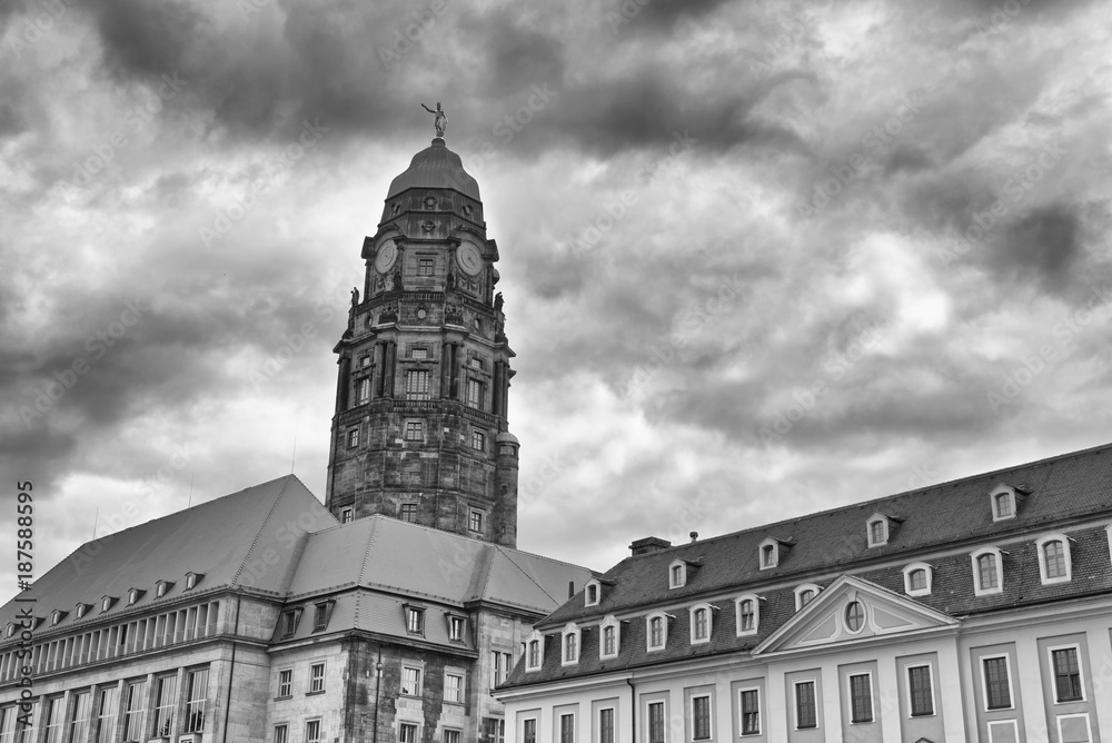 Fototapeta premium Street view of Dresden skyline on a cloudy day, Germany