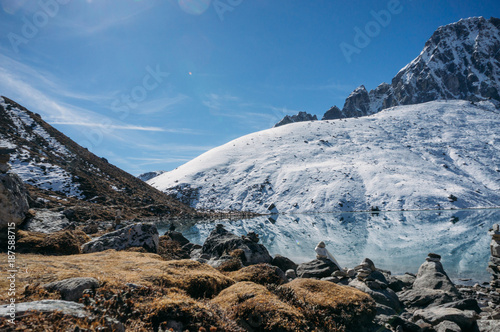 beautiful scenic landscape with snowy mountains and lake, Nepal, Sagarmatha, November 2014