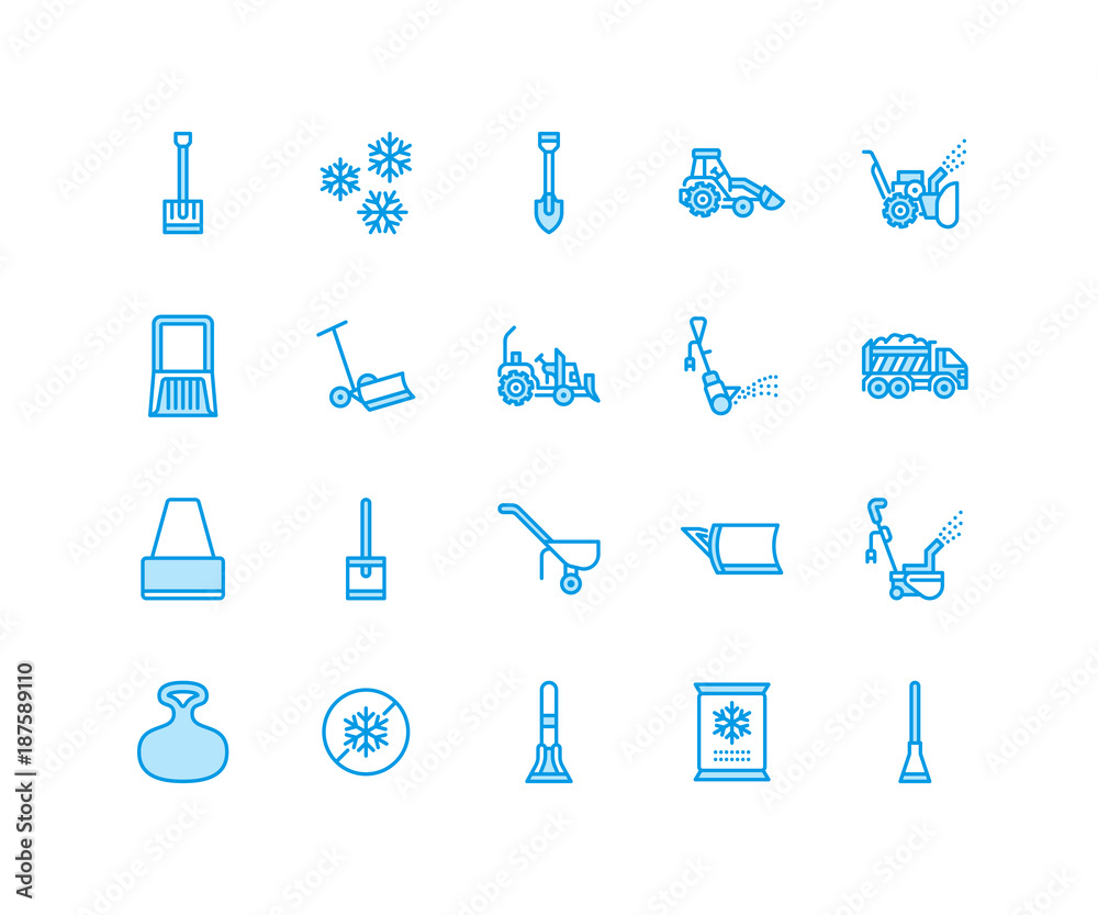 Snow removal flat line icons. Ice relocation service signs. Cold