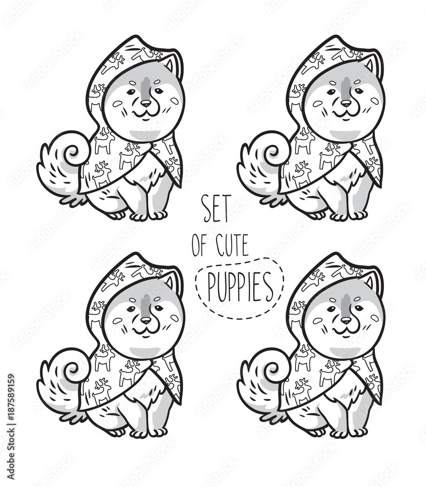 Set of ink siberian husky puppies in raincoats. Vector illustration Set of ink siberian husky puppies in raincoats. Vector illustration