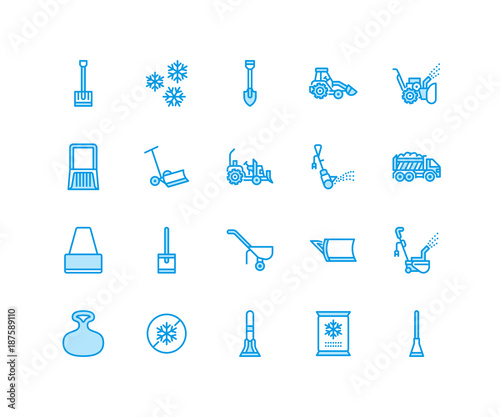 Snow removal flat line icons. Ice relocation service signs. Cold weather equipment - mini tractor, truck, front loader, shovel. Vector illustration, industrial cleaning symbols. Pixel perfect 64x64.