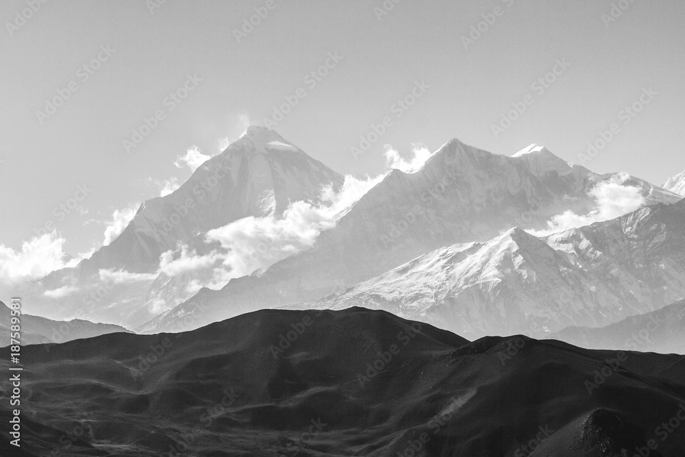 Misty mountains. Himalayas, Nepal,  Annapurna Conservation Area. Black and white image