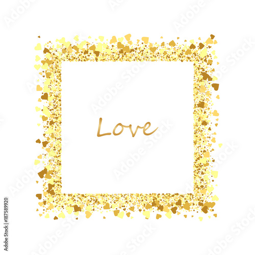 Golden splash or glittering spangles square frame with empty center for text. Golden glittering rectangle made of confetti on white background.