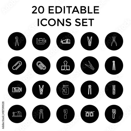 Clamp icons. set of 20 editable outline clamp icons