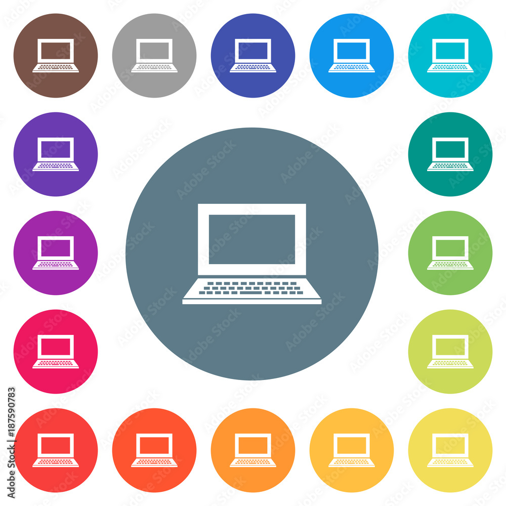 Laptop with blank screen flat white icons on round color backgrounds Laptop with blank screen flat white icons on round color backgrounds