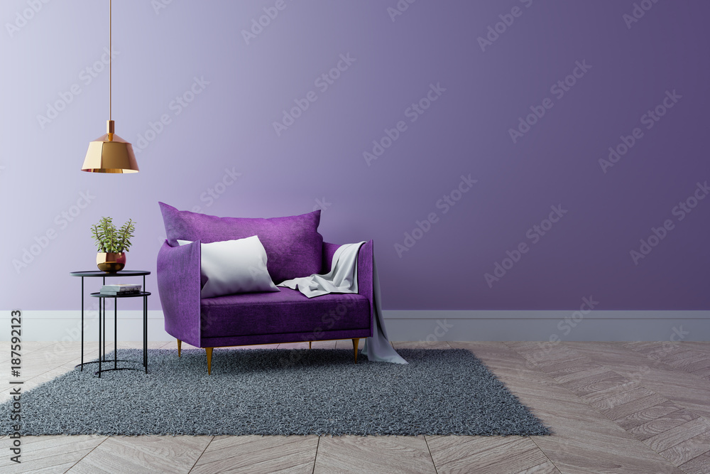 Luxury modern interior of living room ,Ultraviolet home decor concept ,purple sofa and black table with gold lamp on light purple wall and woodfloor ,3d render - obrazy, fototapety, plakaty 