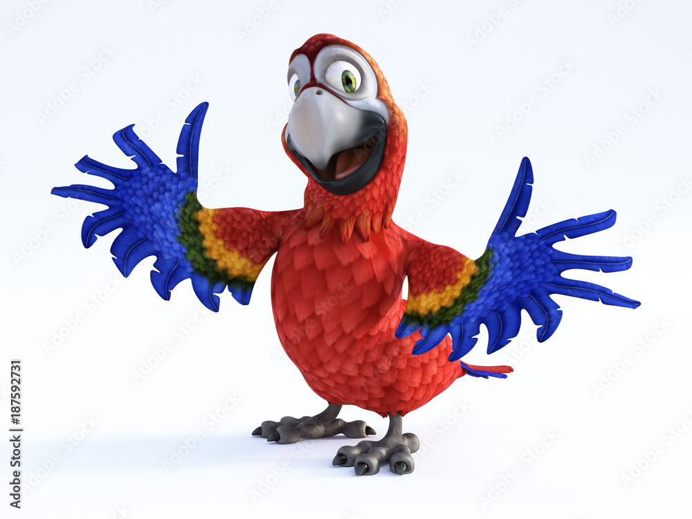 Fototapeta premium Grafika trójwymiarowa kreskówka papuga z uśmiechem.