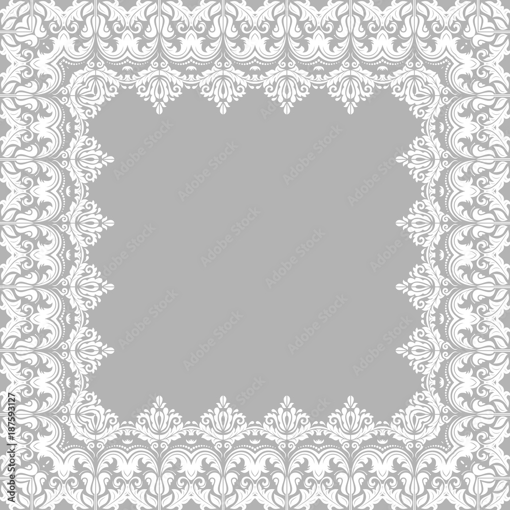 Classic vector square white frame with arabesques and orient elements. Abstract ornament with place for text. Vintage pattern