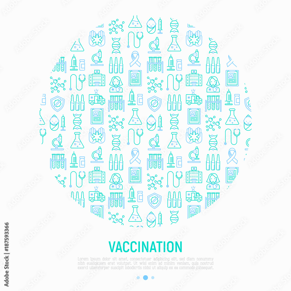 Vaccination concept in circle with thin line icons: vaccine, syringe, ampoule, vial, microscope, virus, DNA, hospital, ambulance. Vector illustration for banner, print media, web page.