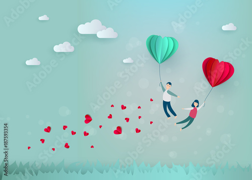 Vector happy valentines day illustration, invitation card, sale poster, party banner template - man and girl couple flying at paper origami hearts - air balloons in blue cloud sky.
