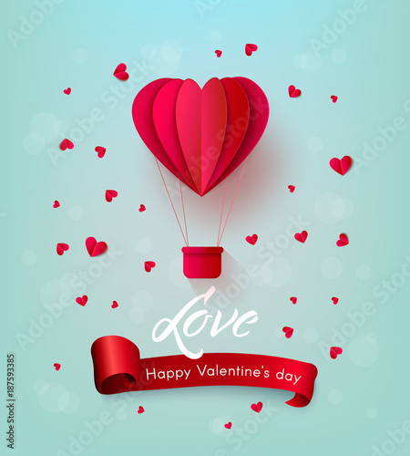 Vector happy valentines day, love invitation card template with origami paper hot air balloon in heart shape, near small hearts around, red ribbon. Isolated holiday illustration on pink background.