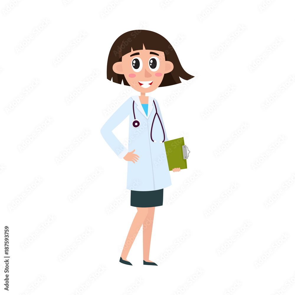 vector flat cartoon woman doctor in white medical clothing with sthetoscope holding clipboard with blank paper. Adult female character with modern haircut. Isolated illustration on a white background. vector flat cartoon woman doctor in white medical clothing with sthetoscope holding clipboard with blank paper. Adult female character with modern haircut. Isolated illustration on a white background.