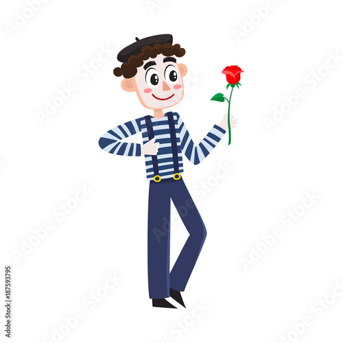 French mime artist in striped shirt and beret holding red rose, cartoon vector illustration isolated on white background. Stereotypical cartoon French mime artist, performer, full length portrait