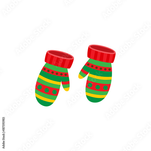 Pair of striped knitted mittens, red and green, winter icon, flat cartoon vector illustration isolated on white background. Two warm knitted mittens decorated with striped pattern
