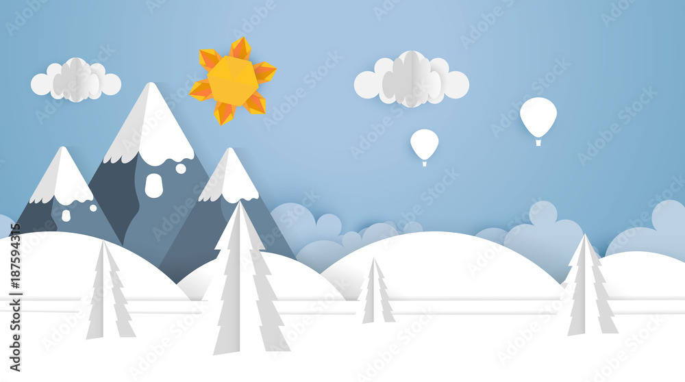 Paper Cut Out Art Scene Vector Illsutartion. Landscape Background.