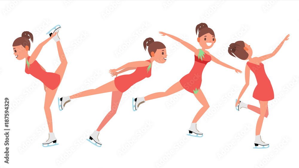 Girl Athlete Figure Skating. Ice Figure Skater Vector. Athletes Winter Sport. Synchron Dancer. Different Poses. Isolated Flat Cartoon Character Illustration