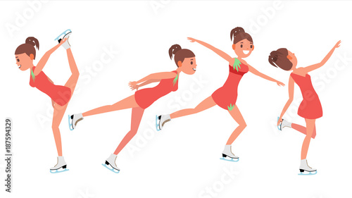 Girl Athlete Figure Skating. Ice Figure Skater Vector. Athletes Winter Sport. Synchron Dancer. Different Poses. Isolated Flat Cartoon Character Illustration