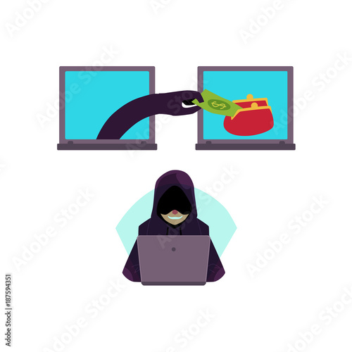 vector flat cyber theft set. Hacker hand stealing dollar money banknote from red wallet in laptop, bandit in mask hacking private data, security system. Isolated illustration on white background.