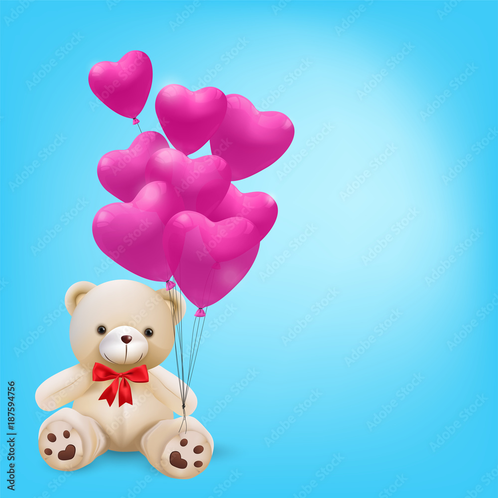 Cute teddy bear holding pink heart balloons - vector and illustration. Cute teddy bear holding pink heart balloons - vector and illustration.