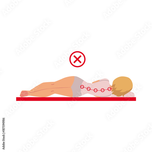 Side view portrait of woman lying on her side in incorrect sleep position, bad back posture concept, cartoon vector illustration isolated on white background. Incorrect sleeping position infographics