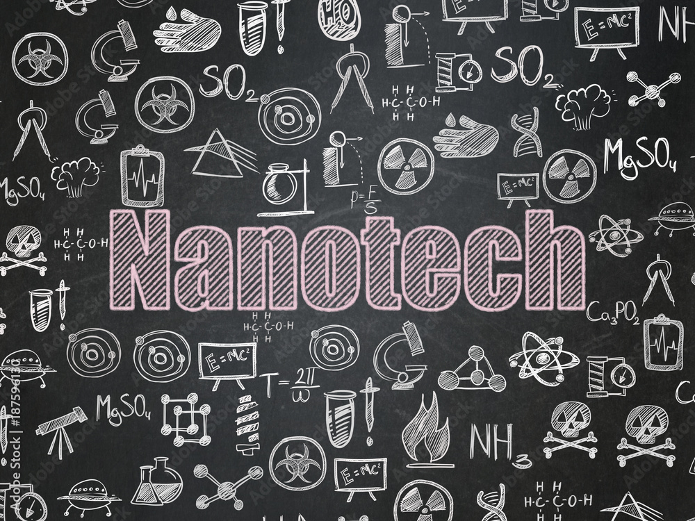 Science concept: Chalk Pink text Nanotech on School board background with Hand Drawn Science Icons, School Board Science concept: Chalk Pink text Nanotech on School board background with Hand Drawn Science Icons, School Board