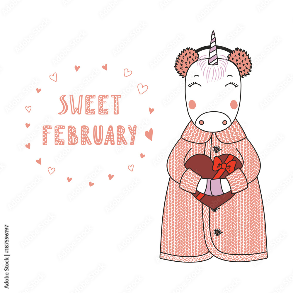 Obraz premium Hand drawn vector illustration of a cute funny cartoon unicorn in cardigan, holding a chocolate heart, with typography. Isolated objects on white background. Design concept for kids, Valentines day