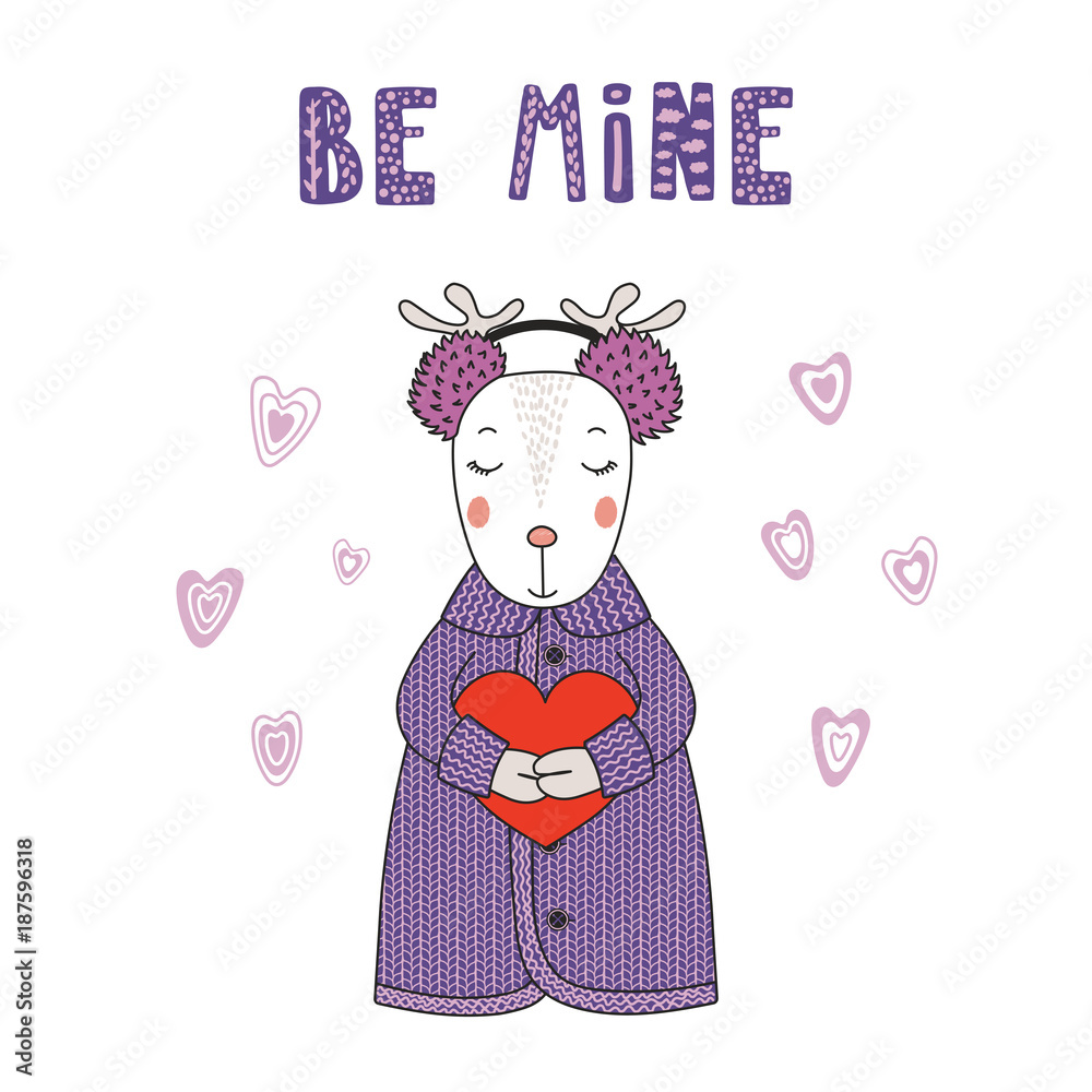 Hand drawn vector illustration of a cute funny cartoon deer in cardigan, earmuffs, holding a heart, with typography. Isolated objects on white background. Design concept for children, Valentines day. Hand drawn vector illustration of a cute funny cartoon deer in cardigan, earmuffs, holding a heart, with typography. Isolated objects on white background. Design concept for children, Valentines day.