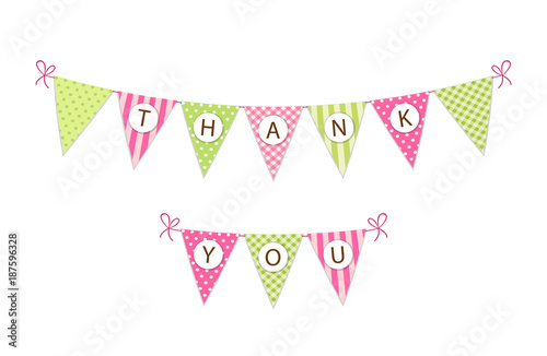 Cute vintage festive fabric pennant banner as bunting flags with letters Thank You in shabby chic style
