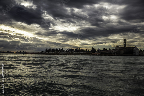 Stormy clouds with sunset on Venetian lagoon  Venice  Italy