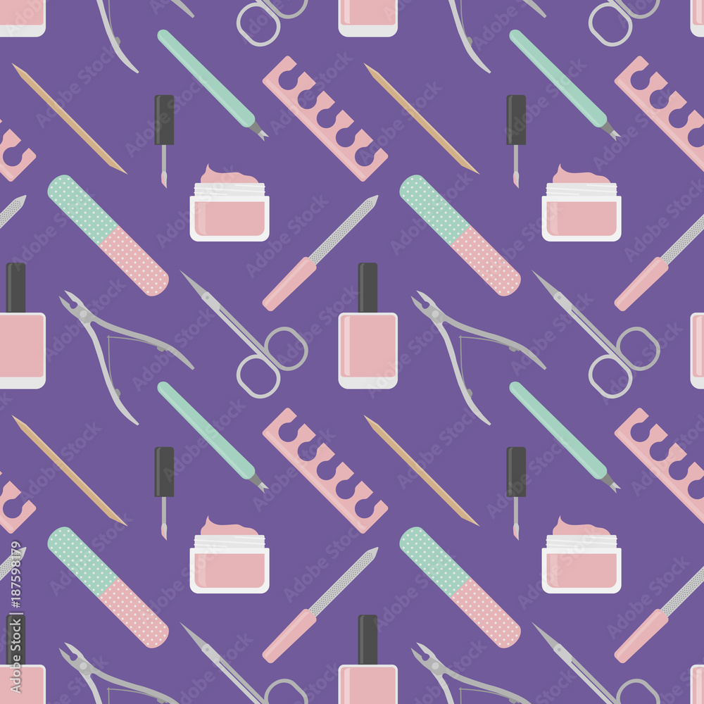 Seamless vector pattern cosmetics and manicure. Flat style, ultraviolet color.